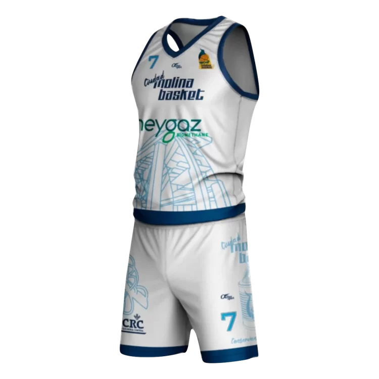 Equipación de baloncesto blanca personalizada Ciudad Molina Basket con camiseta y pantalón Rockets